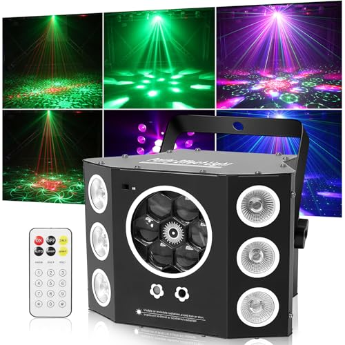 Party-Lichter, Disco-Licht, DJ-Lichter, 4in1 LED-Stroboskop-Bienenaugen-Waschlichter und rot-grüner Strahl-Gobos-Effekt, 16-Kanal-DMX mit aktiviertem Ton für die Weihnachts-Halloween-Party