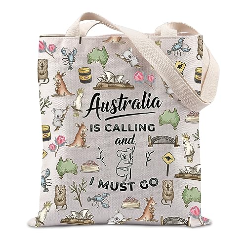 FUNYSO Australia Lover Gift Australia Is Calling And I Must Go Tragetasche Australien Wahrzeichen Thema Geschenk Reiseliebhaber Geschenk (Australia Tote UK), weiß, Large