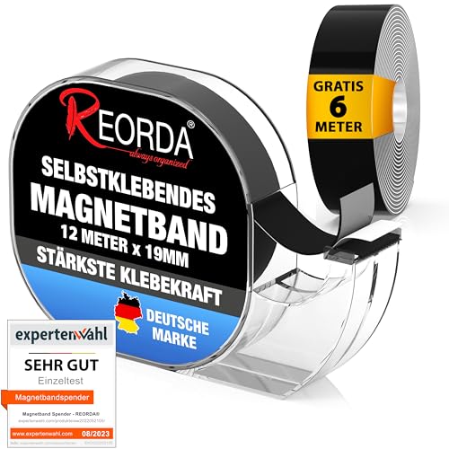 Reorda Magnetband selbstklebend im Spender (12 Meter) - Magnetstreifen - Magnetklebeband hervorragend für Postkarten, Fotos & Whiteboards geeignet