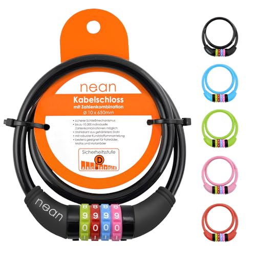 nean Fahrradschloss mit Zahlen für Kinder, diverse Farben,10x650 mm, Kabel Schloss Code Kombination, Kinderschloss Fahrrad, Kinderfahrradschloss farbenfroh, Zahlenschloss Kind Mädchen, Jungen, schwarz