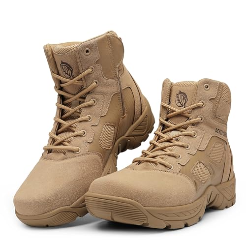 derlychug Männer Militärische Taktische Kampfstiefel Seitenreißverschluss Leichte Outdoor Wanderstiefel Arbeit Wandern Wüste Atmungsaktive Jagd Trekking Stiefel (Sand,45)