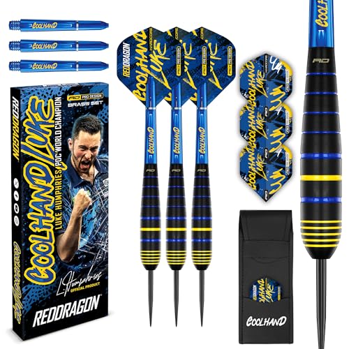 RED DRAGON Luke Humphries Coolhand 22g Messing-Dartpfeile-Set mit Flights und Schäften (Stielen), inkl. Checkout-Karte