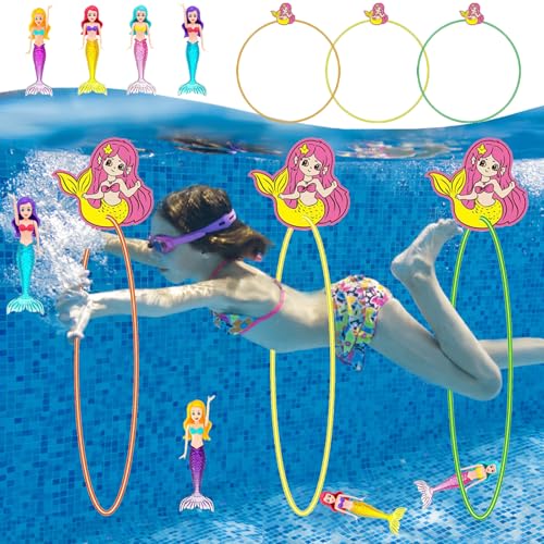 YOUYIKE Tauchringe für Kinder Mit 3 Tauchringen&4 Leuchtenden Meerjungfrauen Tauchspielzeug Meerjungfrauen Badewanne Schwimm Puppe für Wasser Pool, Sommer&Tauchtraining