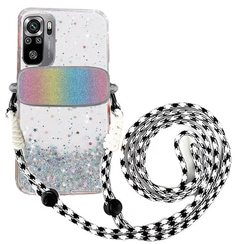 Tivenfezk Nadoli für Xiaomi Redmi Note 10 5G Glitzer Handykette Hülle,Silikon Bling Durchsichtig Crossbody Tasche zum Umhängen Schutzhülle mit Telefon Clip Halter Band