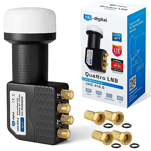 hb-digital Quattro LNB Einsatz nur für Multischalterbetrieb (Test SEHR GUT *) für Multischalter Multiswitch LTE Protected Digital Sat Full HDTV 3D 4K UHD Wetterschutz Schwarz + 4X F-Stecker