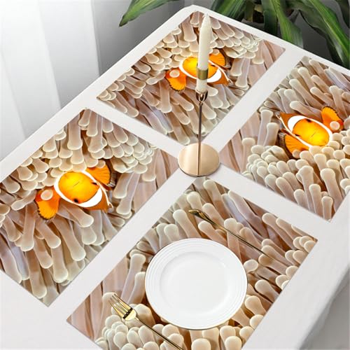 UREJD Tischsets Abwaschbar 4 Set,Vinyl Platzsets Abwaschbar für küche Speisetisch Hotel,Kaffeehaus,Festsaal,Platz-Matten,Ozean Dekor, Clownfische Schwimmen in Tentakeln im Pazifischen Ozean B,30x45cm