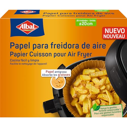 Albal Luftfritteuse Papier 4-8L - Air Fryer-Papier, geeignet für runde und quadratische Fritteusen, Anti-Fett-Airfryer-Schutz, Antihaft und Einweg, 20 cm, 20 Stück