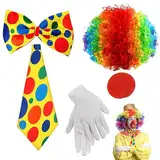 langyoujia 6-teiliges Clown-Kostüm-Zubehör-Set, Clown-Kostüm-Set, Regenbogen-Lockenperücke, Nase, Krawatte, Handschuhe für Kinder, Erwachsene, Karneval, Cosplay, Karneval, Party-Kostüme