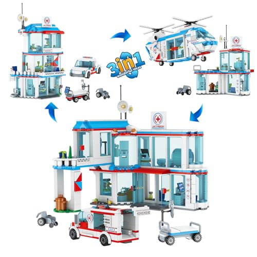 QLT QIAOLETONG City Krankenhaus 3 in 1 Baustein Set, Kompatibel Mit Lego Krankenhaus, inklusive Rettungs Hubschrauber, Anhänger und Trage, STEM Geschenke für 6-12+ Jahre alte Jungen Mädchen