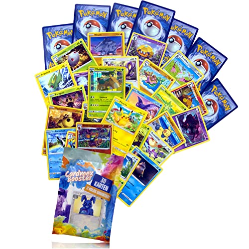 CARDMEX Pokemon Karten Deutsch Original 30 Verschiedene 2 Glitzernde Pokémon Sammelkarten wie Reverse Holo oder Holo garantiert - jedes Pack ist Anders