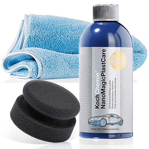 detailmate Koch Chemie Kunststoffpflege Set außen: NanoMagic Plastcare Kunststoffpflege 500ml + Handpolierschwamm Soft, feinzellig Ø 90/50mm + detailmate Mikrofasertuch 40x40cm, 550GSM