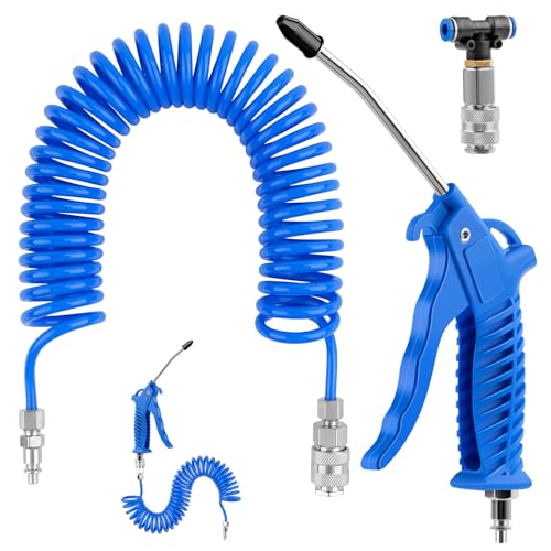 WuGU Ausblaspistole Druckluftpistole, LKW Luftpistole Druckluft mit 5M Spiralschlauch, Air Duster Blaspistole mit T Stück Schnellkupplung Zubehör (Blau)