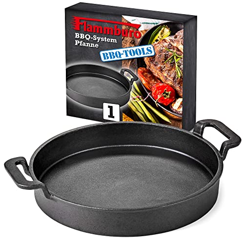 FLAMMBURO BBQ-SYSTEM Pfanne Ø 30 cm – Gusseisen mit porzellanemaillierter Beschichtung – Für alle Pfannengerichte im Grill - Durchmesser 30 cm - Kompatibel mit namhaften Herstellern
