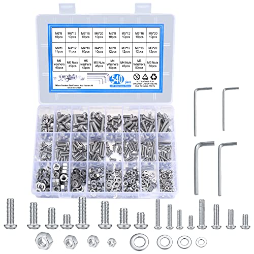 540 Stück Edelstahl Sechskopf Knopf Schrauben und Muttern Unterlegscheiben, M3 M4 M5 M6 Linsenkopfschrauben Sortiment Set, Edelstahlschrauben Maschinenschrauben, mit Schraubenschlüssel