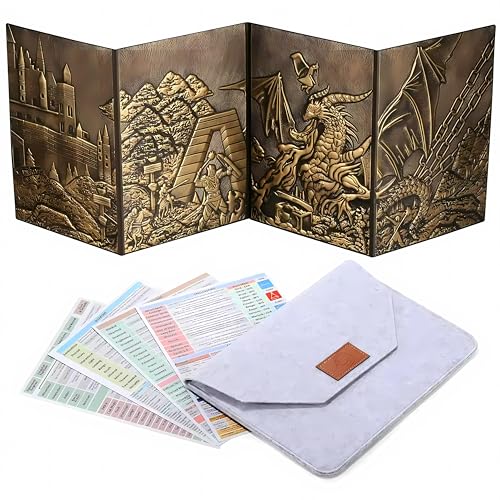 LIEFY DND DM Screen - D&D Dungeon and Dragons Spielleiterscreen aus geprägtem 3D Kunstleder mit Drachenmuster und 4 Panels mit Taschen - DND Geschenk - DND Zubehör (Brass)