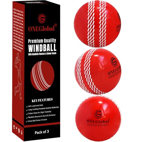 ONEGlobal Premium Windball Weiche Cricketbälle | Langlebig & sicher, farbige Naht, realistischer Sprung & Schwung | Indoor-/Outdoor-Coaching, Training, Garten & Strandspiele (3 Rot)