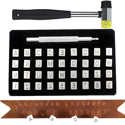 MZSX 36PCS Leder Prägestempel Brief Punch Set (mit einem Hammer), Leder Stanzwerkzeuge, Buchstaben Alphabet und Zahl Metall Stempel Punch Kit, für DIY handgemachte Lederkunst