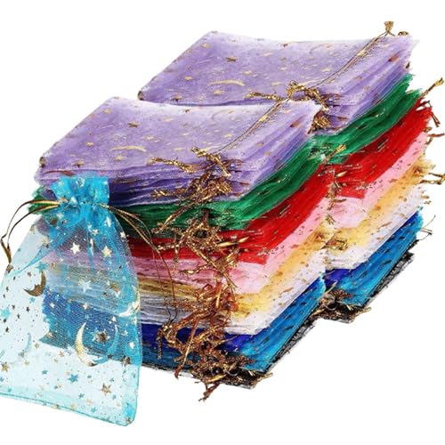 300pcs Schmucktasche, 3,5x4,7 Zoll Organza bevorzugt Taschen mit goldenem glänzendem Mondstar Muster kleiner Kordelstring -Schmucktasche für Hochzeits Weihnachts -Halloween -Party -Schmuckgeschenk