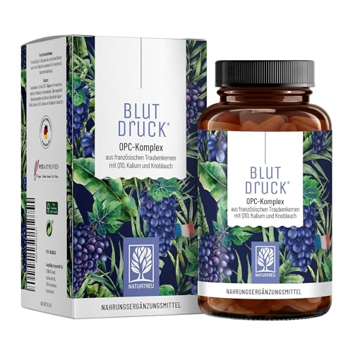 NATURTREU® Blutdruck OPC Traubenkernextrakt hochdosiert 900mg Extrakt mit Q10, Kalium & schwarzem Knoblauch - Französische Trauben vegan - 90 Traubenkernextrakt OPC Kapseln hochdosiert