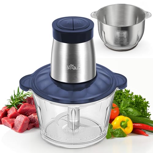 Bear 2L+1.8LFleischwölfe Zerkleinerer Elektrisch, Glas+Edelstahl,600W 2 Geschwindigkeit, Häcksler mit 4-Edelstahlklingen und Fleischwolf, Chopper für Fleisch,Babynahrung,Obst,Gemüse
