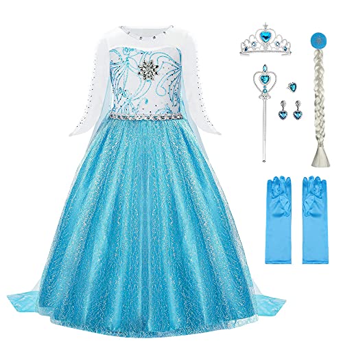 URAQT ELSA Mädchen Prinzessin Kostüm, ELSA Kinder Kleid 6-teiliges Set mit Krone Diadem Handschuhe Zauberstab usw für Weihnachten Verkleidung Karneval Halloween