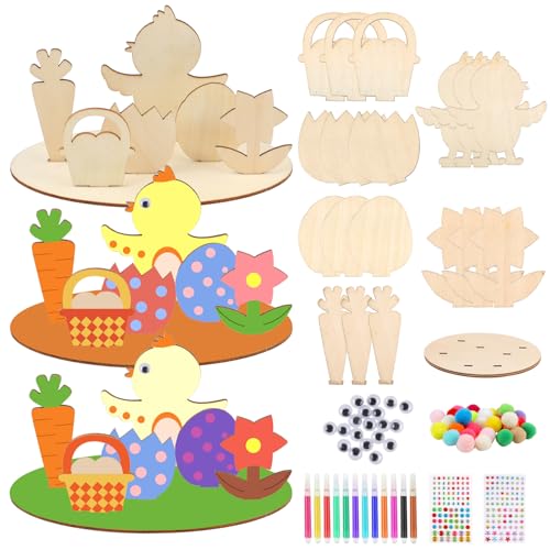 Deepton Ostern Basteln Kinder Set, 6 Stück Hasen und Küken aus Holz zum Bemalen, DIY Osterbasteln mit kindern, Osterhase Deko Bastelset Kinder 3 4 6 8 Jahre Frühling für Bastelzubehör Dekorationen
