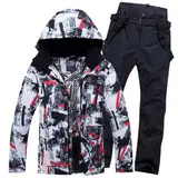 Skijacken Hosen Set Winddicht Schneeanzug Männer Sportlich 2-Teilig Wander Herren Warmer Winter Komfort Hosenanzüge Lässig Jogginganzug Bunt Bedruck Hoher Qualität Trainingsanzug (Black, XL)