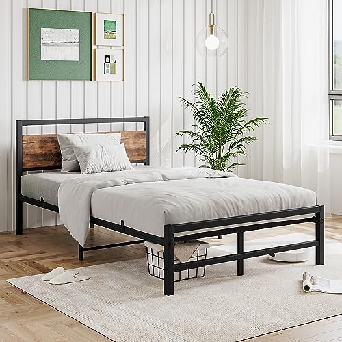 FOUBAM Bed Frame Metallbett Bettgestell,Rahmen Bettgestell Modern Bettrahmen Holz mit Kopfteil, Doppelbett/Einzelbett,Gästebett Jugendbett für Schlafzimmer Gästezimmer 120 x 200 cm Schwarz