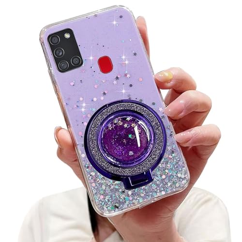 Tivenfezk Nadoli Sparkle Treibsand Ständer Hülle für Samsung Galaxy A21S,Versteckt Ständer Ring Klar Glitzer Stern Handyhülle Durchsichtig Bling Schutzhülle Case Cover,Lila