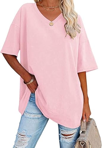 Ebifin Damen Oversize T Shirt mit V-Ausschnitt Kurzärmeliges Casual Lockere Basic Sommer Tee Shirts Bluse.Rosa.XL