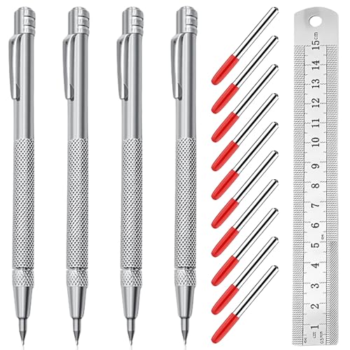 4 Stück Wolframcarbid Stift, Anreissnadel Metall Scriber Stift mit 10 Ersatz Red Hat Markierspitzen und Stahllineal Anreißwerkzeuge Anreißnadel Hartmetall mit Magnet für Glas Keramik Gehärteten Stahl