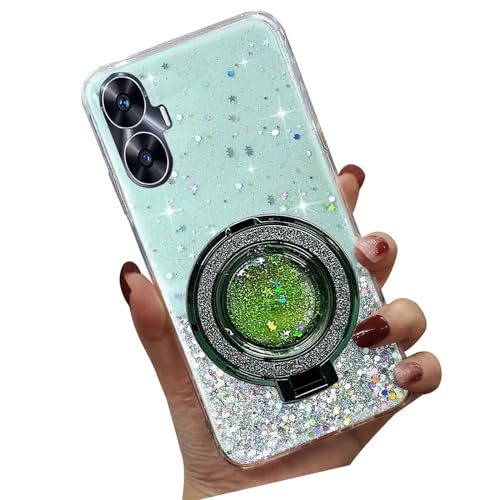 Tivenfezk Nadoli Sparkle Treibsand Ständer Hülle für Oppo Realme C55,Versteckt Ständer Ring Klar Glitzer Stern Handyhülle Durchsichtig Bling Schutzhülle Case Cover,Grün