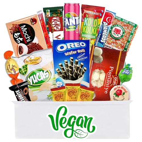 Vegane Süßigkeiten aus aller Welt - Asiatische, afrikanische, osteuropäische, süd & nord amerikanische Box – Vielfältige Sweets & Snacks Candy Box - vegan Geschenk