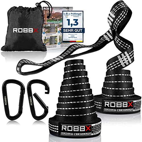 ROBBX® Hängematte Befestigungsset 300x2,5cm inkl. Schwerlast Karabiner | Hängematten Aufhängung mit 18 Schlaufen bis 1200kg | Schaukel Baum Befestigung