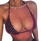 hahuha Superweiches Stretch-Tanktop für Damen, glänzend, Strass, Oberschenkel, Kette, Club, sexy BH, Diamant-Weste, Armausschnitt, kurzes Top, Netzgewebe, bauchfreies Tank-Top, aktive Tops, HT2, 32