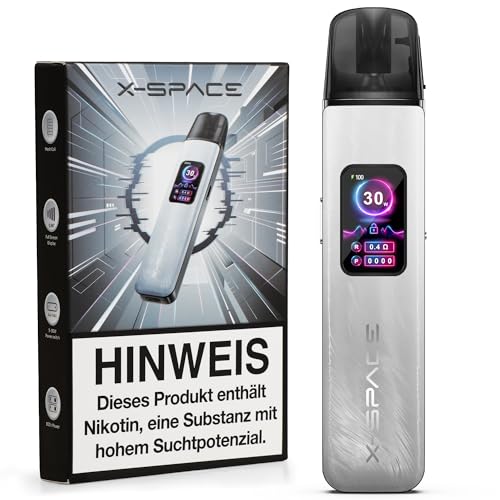 X-SPACE Vape Pod System 30W Nachfüllbar E Zigarette Vaporizer 1000mAh Akku, Einstellbarer Luftstrom Schnellladung Verdampfer E zigaretten für DTL/RDL/MTL Vaping ohne Liquid ohne Nikotin Federgrau