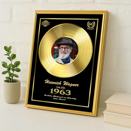 DUOMIO® Goldene Schallplatte personalisiert inklusive edlem Rahmen | 3 Größen, Design, Hintergrundfarbe frei-wählbar| High-Quality Druck