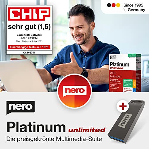 DAS SOFTWAREPAKET: Nero Platinum Unlimited Suite auf USB Stick | Videobearbeitung | Backup | Medien verwalten & abspielen | 8K | Fotos | Musik | PC Tuning | 1 PC | Windows 11 / 10 / 8 / 7