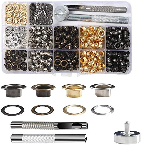 VGOODALL Ösen Werkzeug Kit, 400pcs Ösen Set 6mm 4 Farben Ösen Scheiben Ösenzange mit 3tlg Werkzeugset für DIY Leder Handwerk Stoff