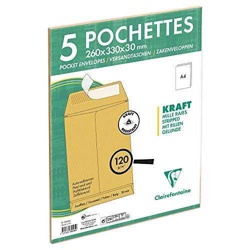 Clairefontaine 74545C - Packung mit 5 Versandtaschen Kraftbraun E4-260x400 mm, mit Rillen, dehnbar mit Falten 30 mm, selbstklebend, 120g, 1 Pack
