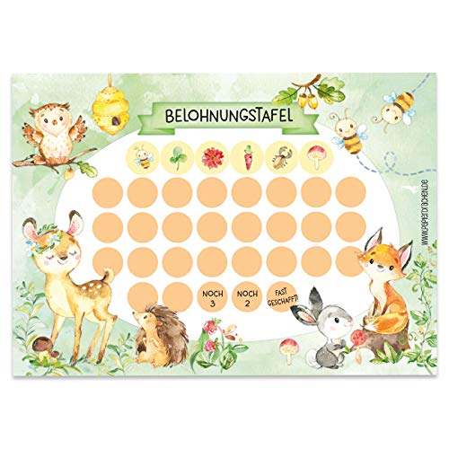 Papierdrachen Belohnungstafel Set für Kinder als Abreißblock 10 Blatt - Motivierendes Konzept als Erziehungshilfe - mit tollen Stickern für Jungs und Mädchen - Motiv Waldtiere Set 1