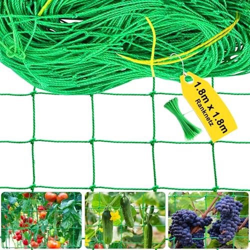 Ranknetz 1.8M x 1.8M - Ranknetz für Gurken & Kletterpflanzen, Gurkennetz Gartennetz mit 10cm Maschnweite, Pflanzennetz für Tomaten mit 50 pcs Pflanzenbindern, Rankhilfe für Kletterpflanzen