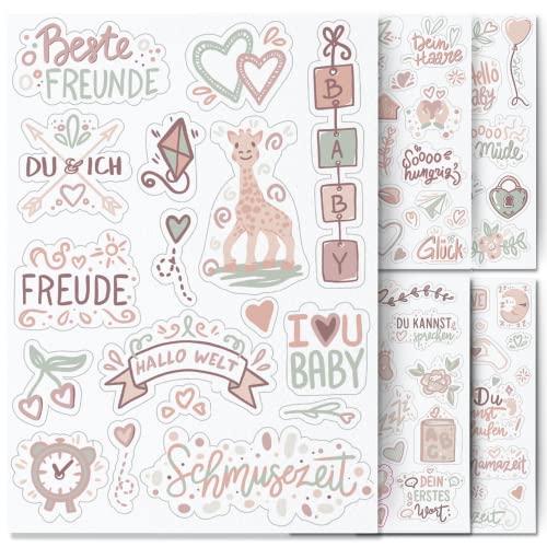 Sticker Baby by snaPmee - Aufkleber für Babyalbum, Fotoalbum & Geschenke - Set für Mädchen & Junge mit 133 Motiven auf 8 Bögen DIN-A5