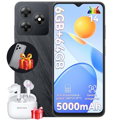 Blackview Wave 8C Handy Ohne Vertrag Android 14, 6GB+64GB/2TB SD, Octa Core 6,56" HD+, Akku 5000mAh, 13MP+8MP Kamera, 4G Dual SIM Smartphone Ohne Vertrag Günstig Simlockfreie, GPS/2 Jahre Garantie