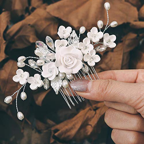 Edary Braut Hochzeit Haarkamm Silber Blume Braut Kopfschmuck Strass Haarklammern Kristall Haarschmuck für Frauen und Mädchen (1)