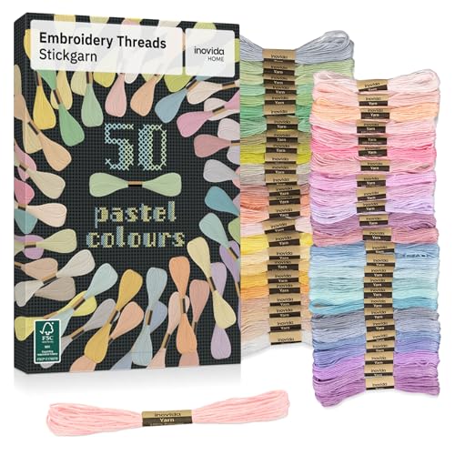 Stickgarn Set 50 Farben je 5 Meter in Pastell: Pastellfarben Nähgarn Set – Freundschaftsarmbänder selber machen – Sticken, Armband knüpfen, Flechten – Kreuzstich Set – Embroidery Thread – Inovida