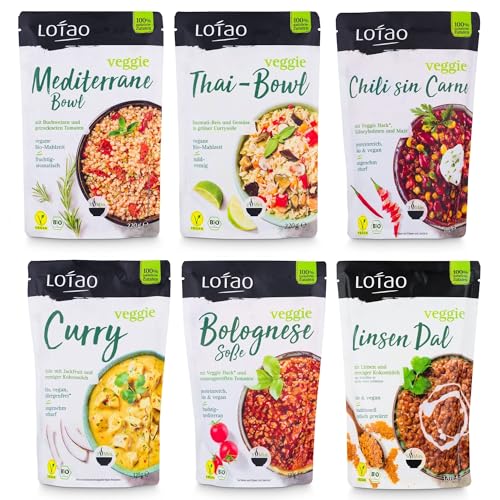 LOTAO vegane Genuss-Geschenkbox: 4x Bowls + 3x Saucen in Bio-Qualität, nur natürliche Zutaten | Vegetarische Lebensmittel ohne Konservierungsstoffe, ohne Geschmacksverstärker, ohne Kühlung haltbar