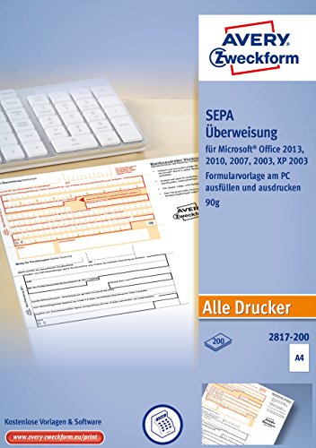 AVERY Zweckform 2817-200 Überweisung/Zahlschein (PC-Druckerformular, A4, von Rechtsexperten geprüft, für Deutschland, zum einfachen Erstellen von Überweisungen am PC, 200 Blatt)