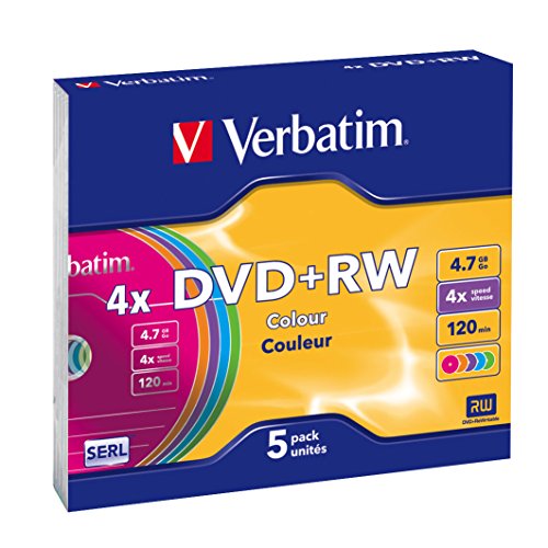 Verbatim DVD+RW 4x Colours 4.7GB, 5er Pack Slim Case, DVD Rohlinge beschreibbar, 4-fache Brenngeschwindigkeit & Hardcoat Scratch Guard, DVD leer, Rohlinge DVD wiederbeschreibbar