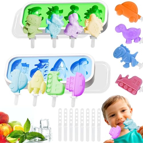 Eis am Stiel Formen Silikon, 2 Stück Eisformen mit 12 Sticks, Ice Lolly Mold Popsicle Set für Kinder und Erwachsene BPA Frei,Silikon Dinosaurier & Autoform Stieleisformen Geeignet für DIY